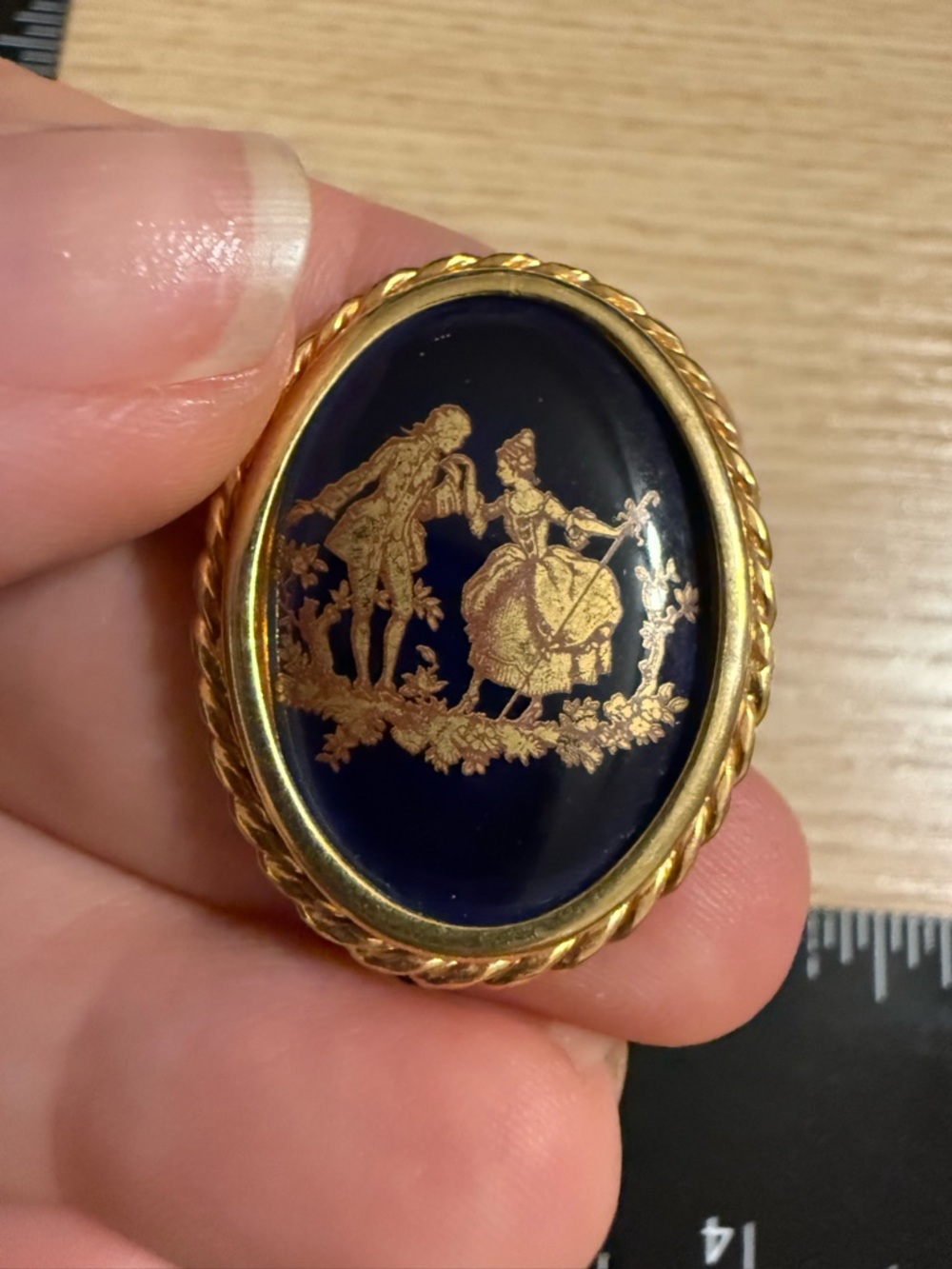 Vintage Limoges France Cobalt Blue Fragonard Courting Couple Porcelain Brooch